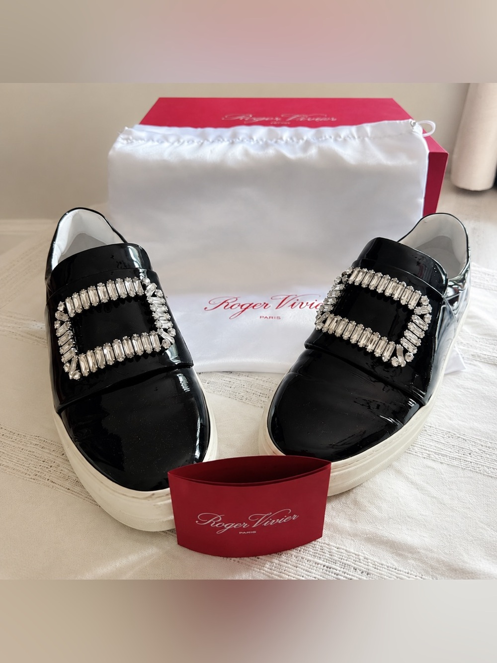 Roger Vivier Sneaky Viv Crystal Buckle Black Patent Sneakers 39.5